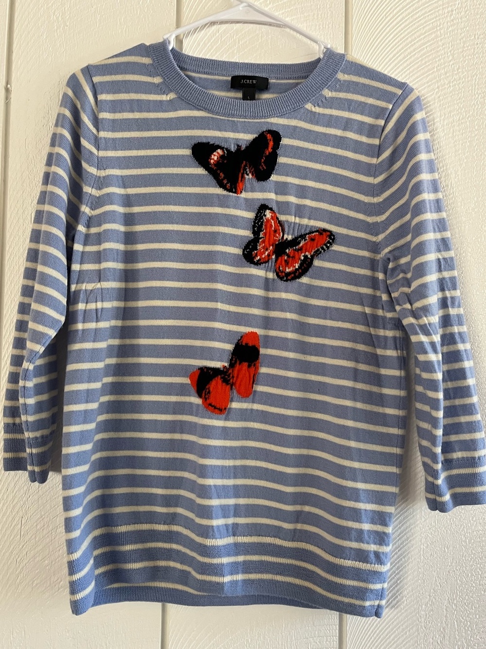 J Crew 100% Merino Wool Striped Light Blue Sweater
